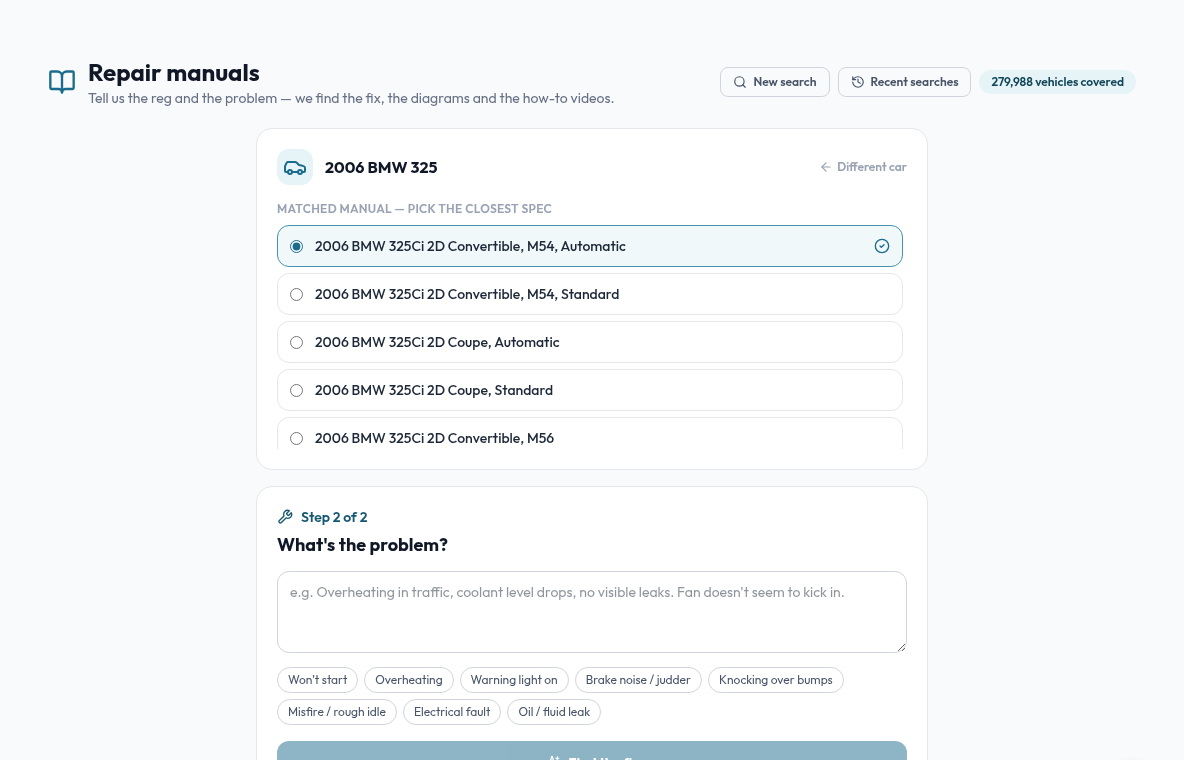 GM Fix-finder — AI repair diagnosis with manual pages and wiring diagrams